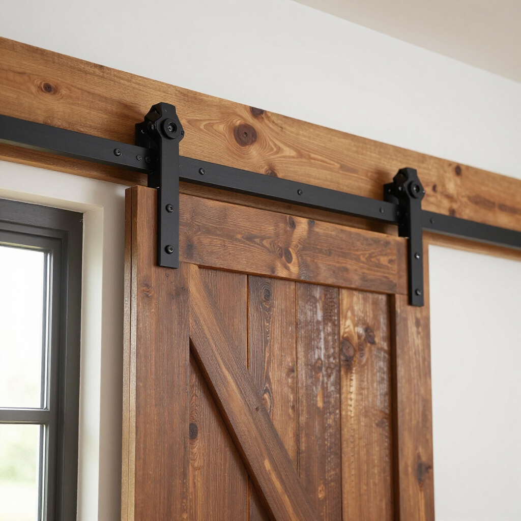 Rustic wooden barn door with black metal sliding hardware mounted on a wall.