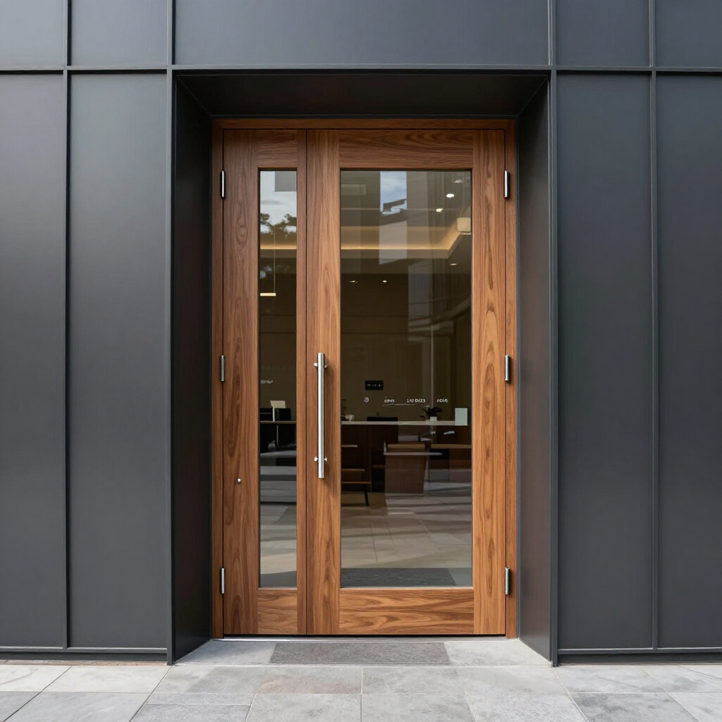 Wood-framed glass double doors set in a dark modern building facade