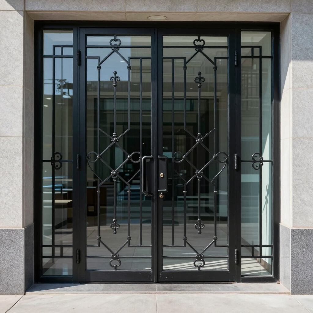 Black metal double glass doors with decorative grille in a building entrance.