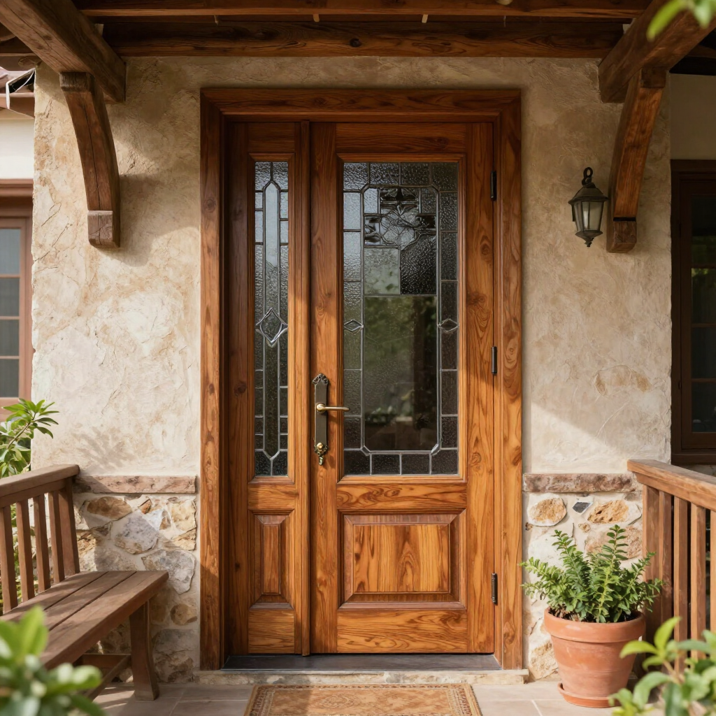 Wooden front door with glass panels under a rustic porch, flanked by a bench and potted plant.