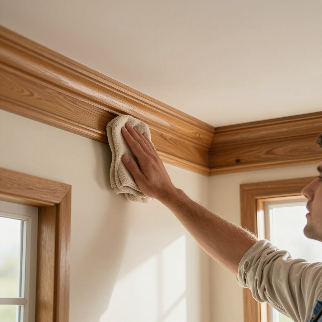 Person wiping dust from beige wall molding with a cloth near a window in a sunlit room