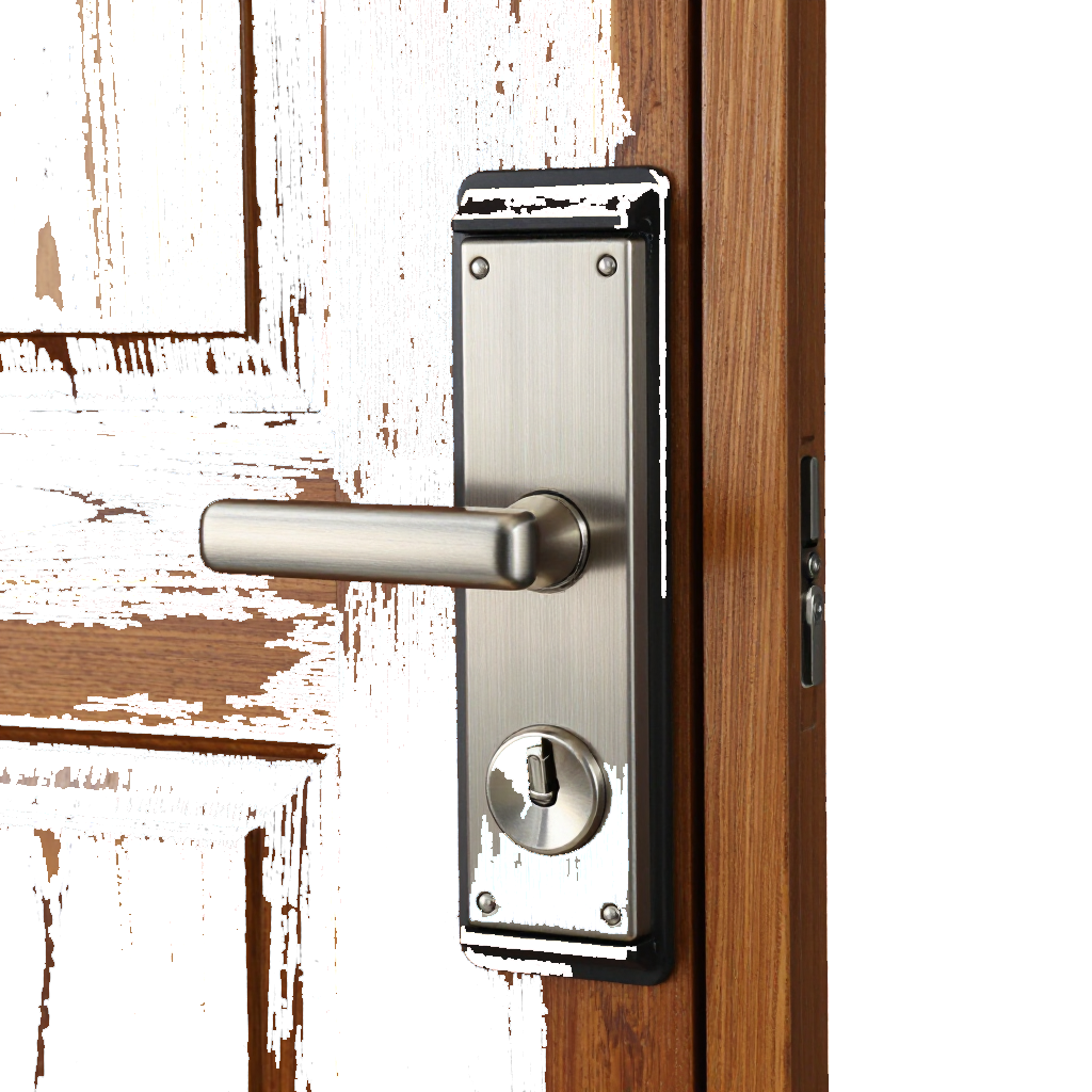 Modern silver door handle on a white and brown wooden door