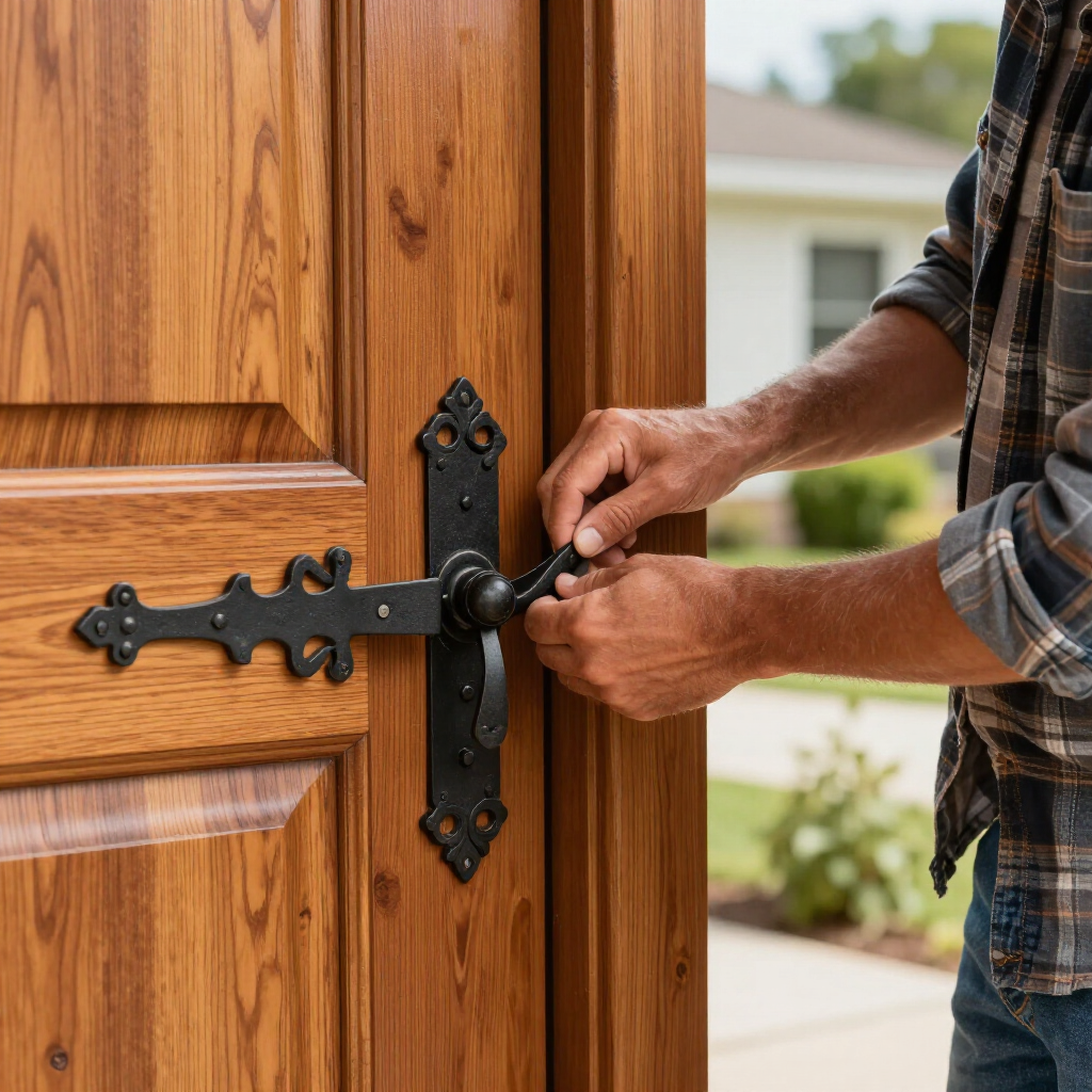 Person fastening a black iron latch on a wooden gate