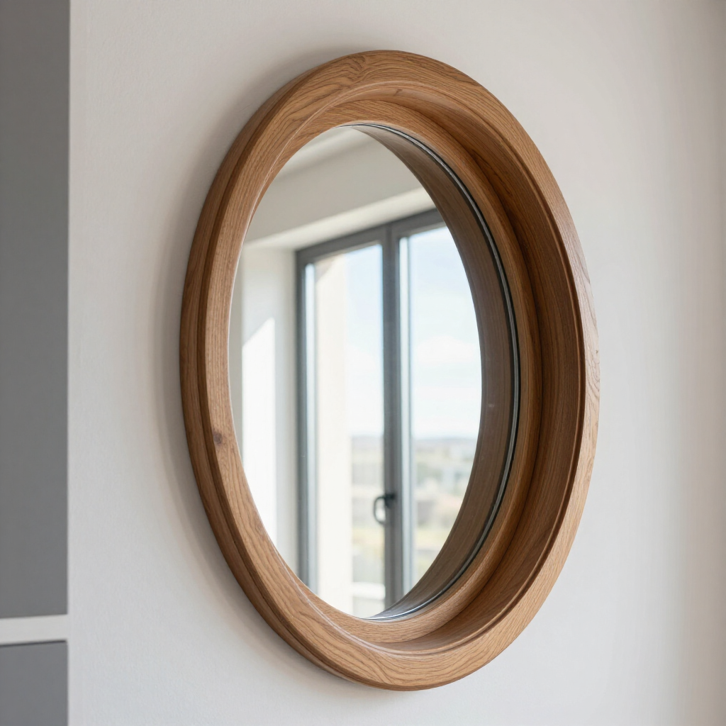 Round wooden wall mirror reflecting a bright window in a neutral interior