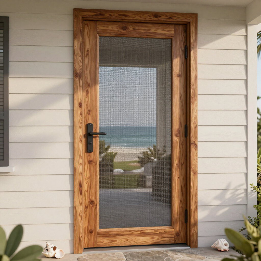 Wooden screened front door with a view of the ocean beyond