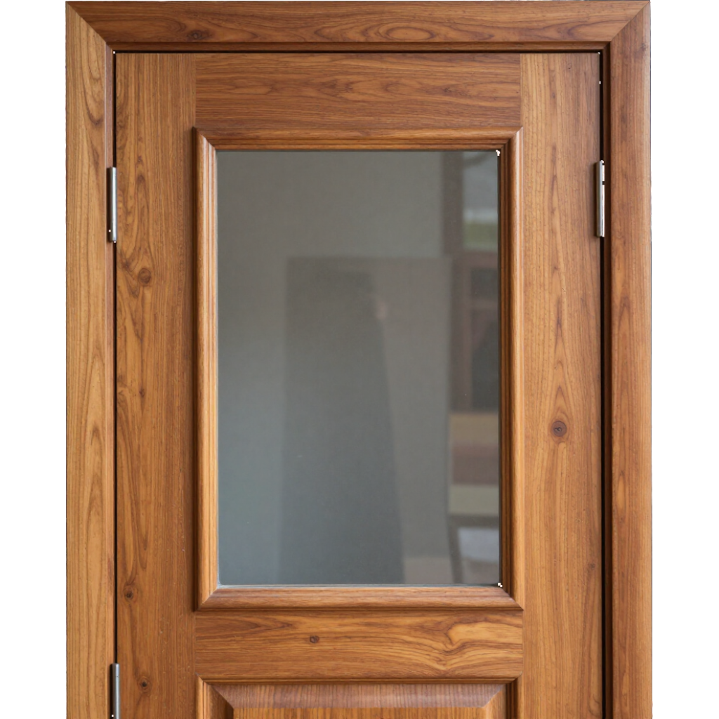 Wooden door with a central frosted glass window and brass hinges