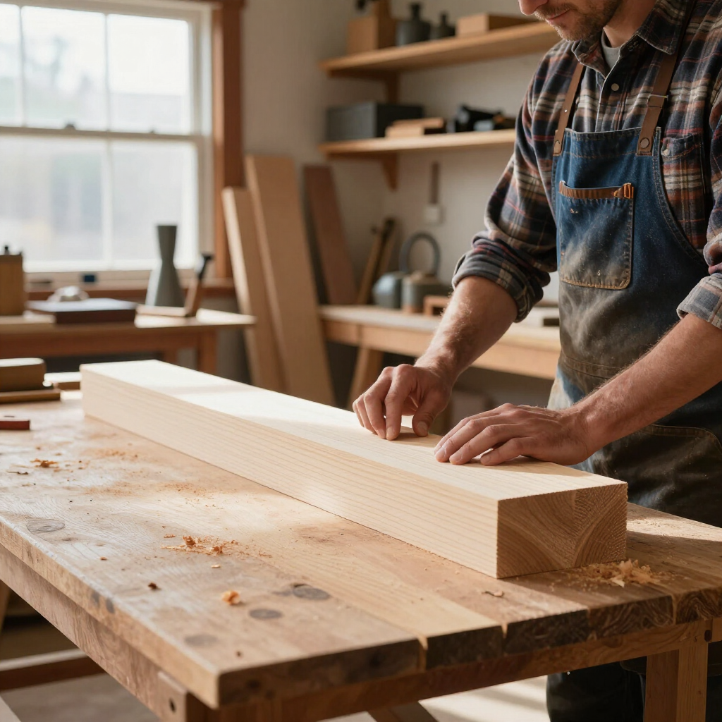 Woodworker measuring a long wooden plank on a workshop bench near a window