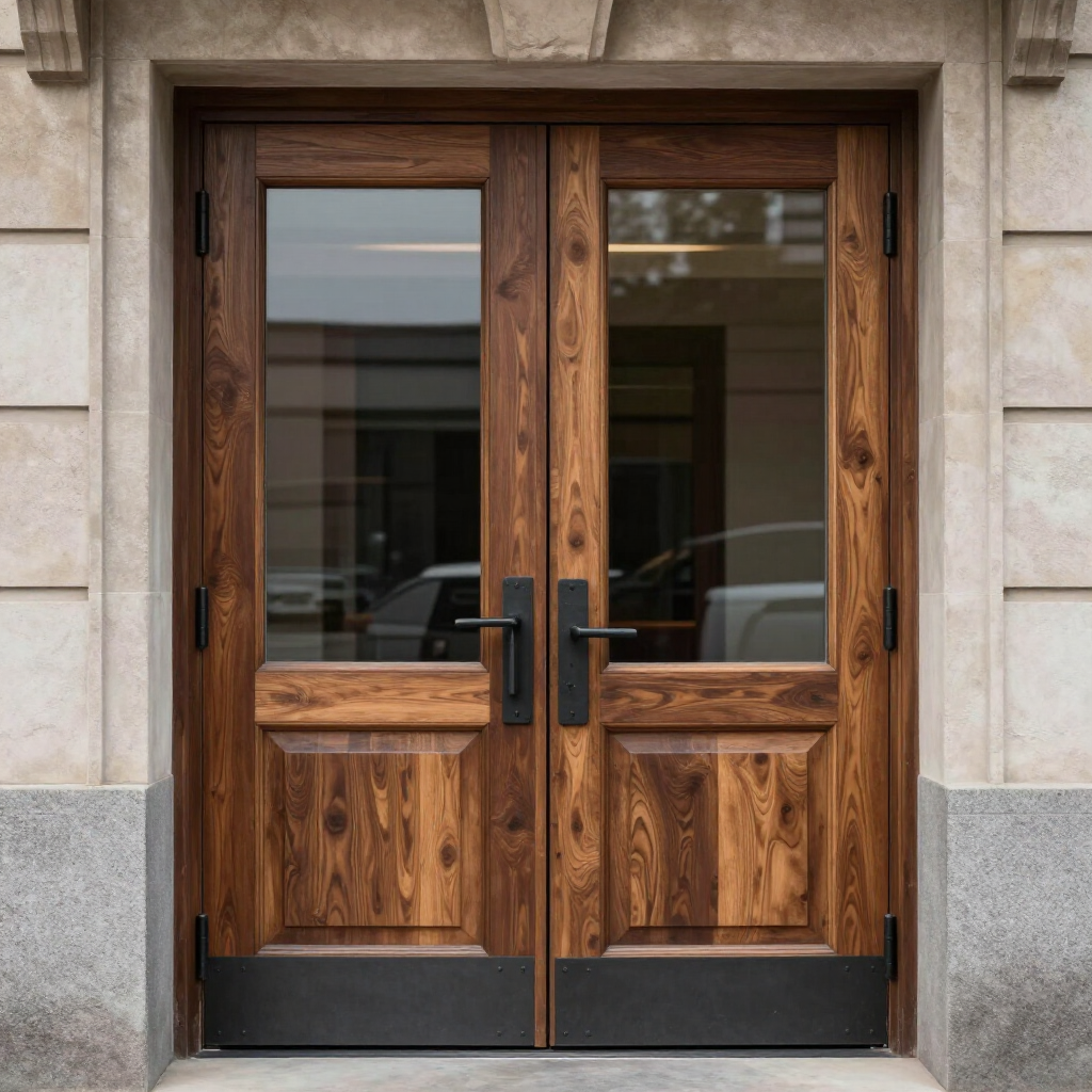 Wooden double entrance doors with glass panes set in a stone building facade.