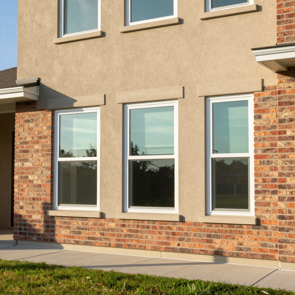 Exterior of a beige and brick townhouse with three white-framed windows and a concrete walkway
