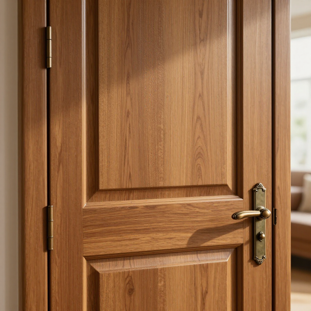 Close-up of a wooden interior door with brass handle and hinges