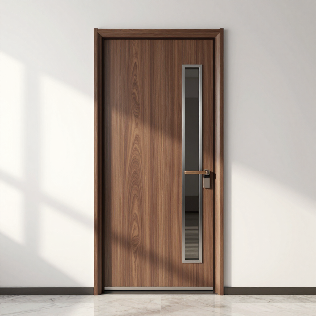 Wooden door with a narrow vertical glass panel in a bright minimalist room