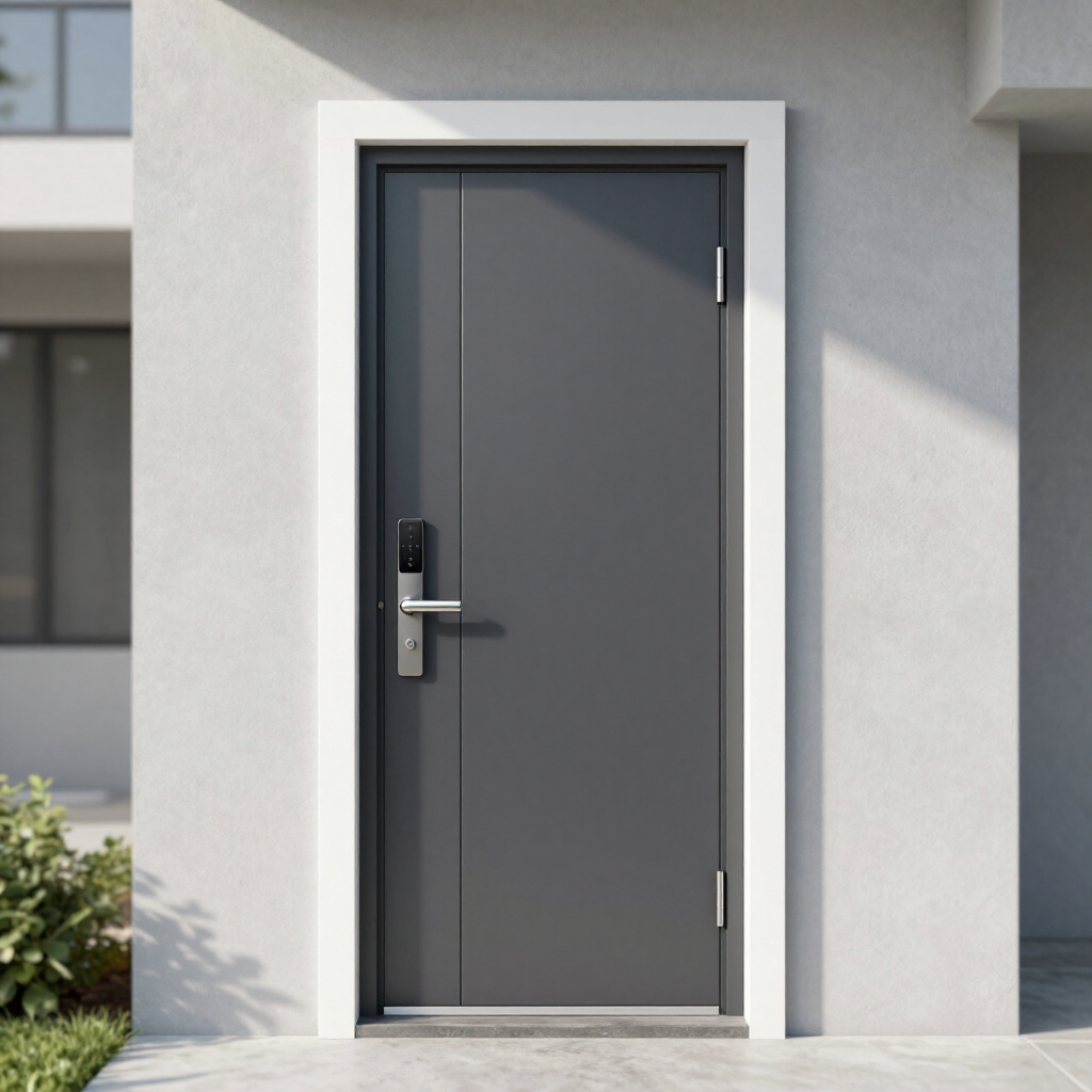 Modern gray front door with a silver handle set in a white exterior wall