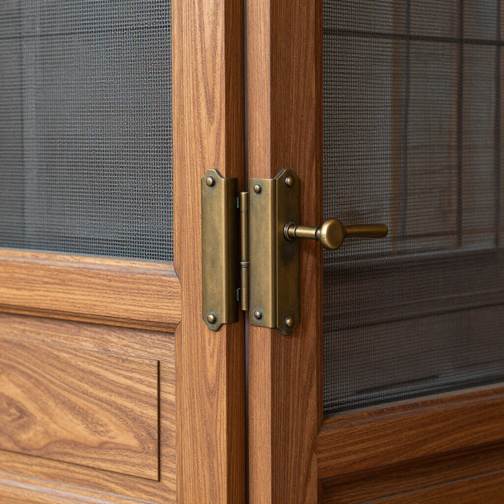 Close-up of a wooden screen door with brass hinges and a latch handle.