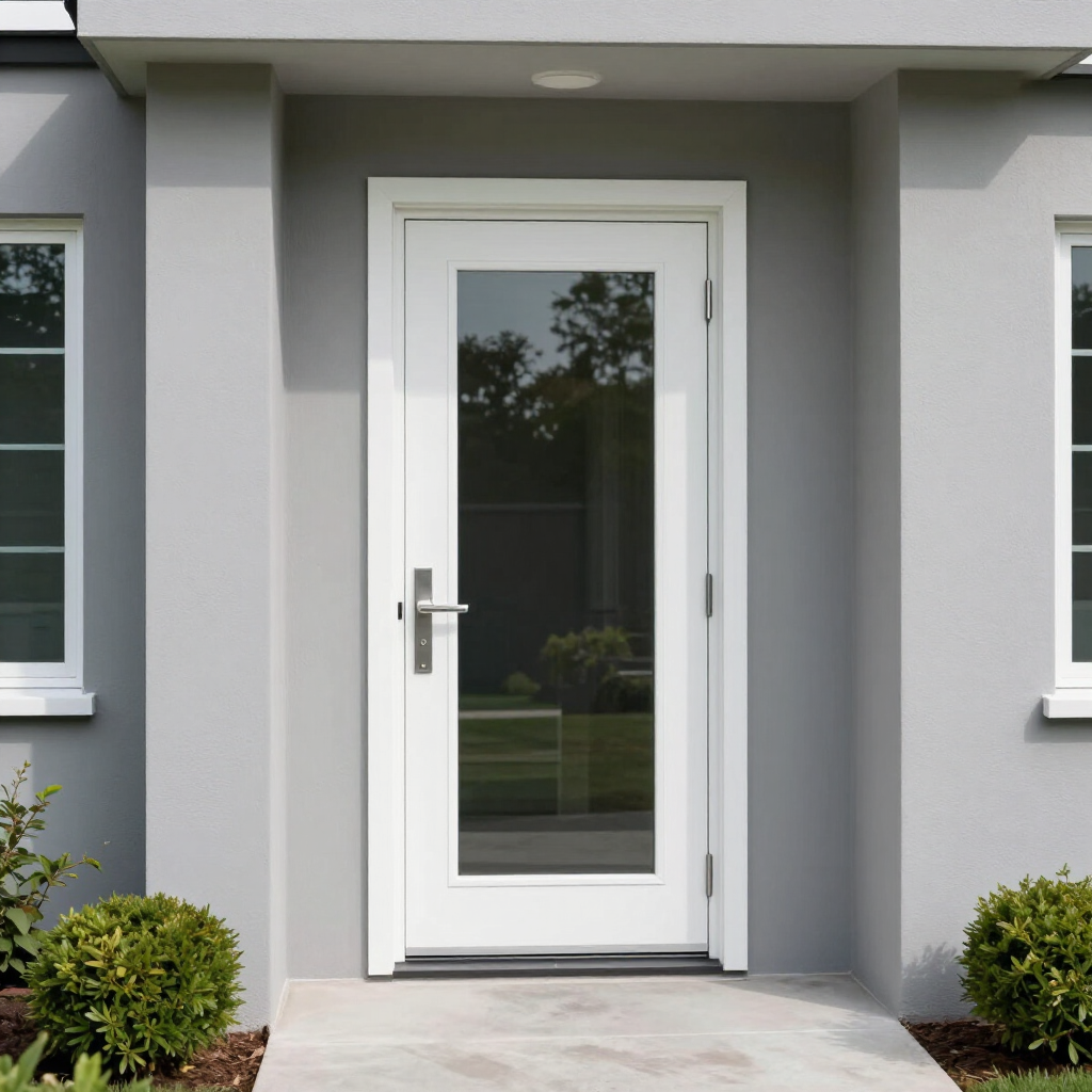 White front door with glass panel and sidelights set in a gray house entryway