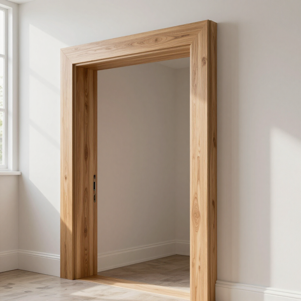 Unfinished wooden doorway in a bright empty room with white walls and a window.