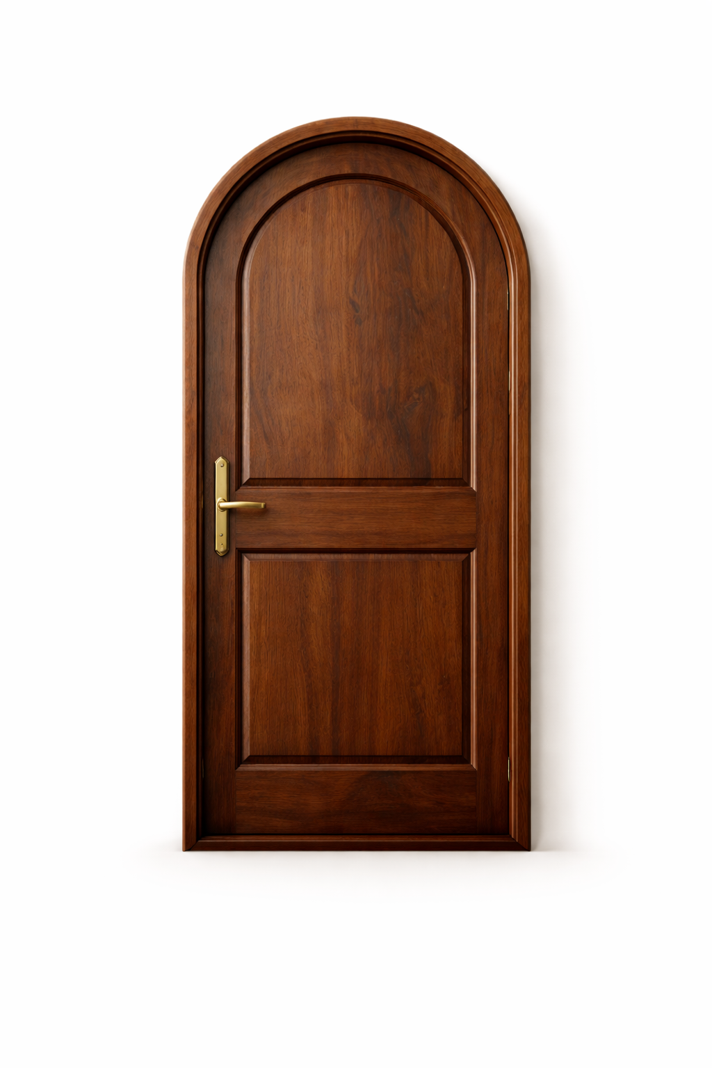 Closed wooden arched door with brass handle on a white background