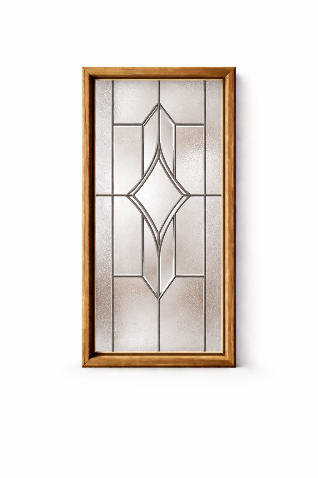 Wood-framed frosted glass window with a geometric decorative pattern