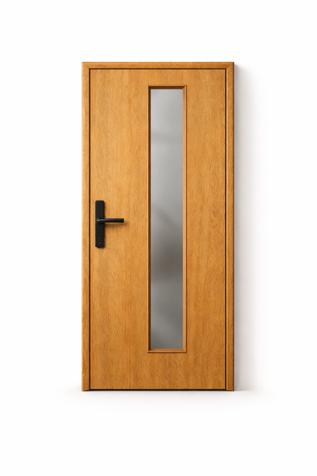 Wooden door with narrow frosted glass panel and black handle on a white background