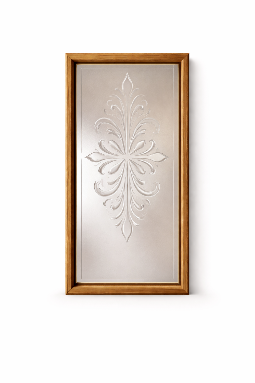 Wooden-framed decorative frosted glass panel with an etched floral design