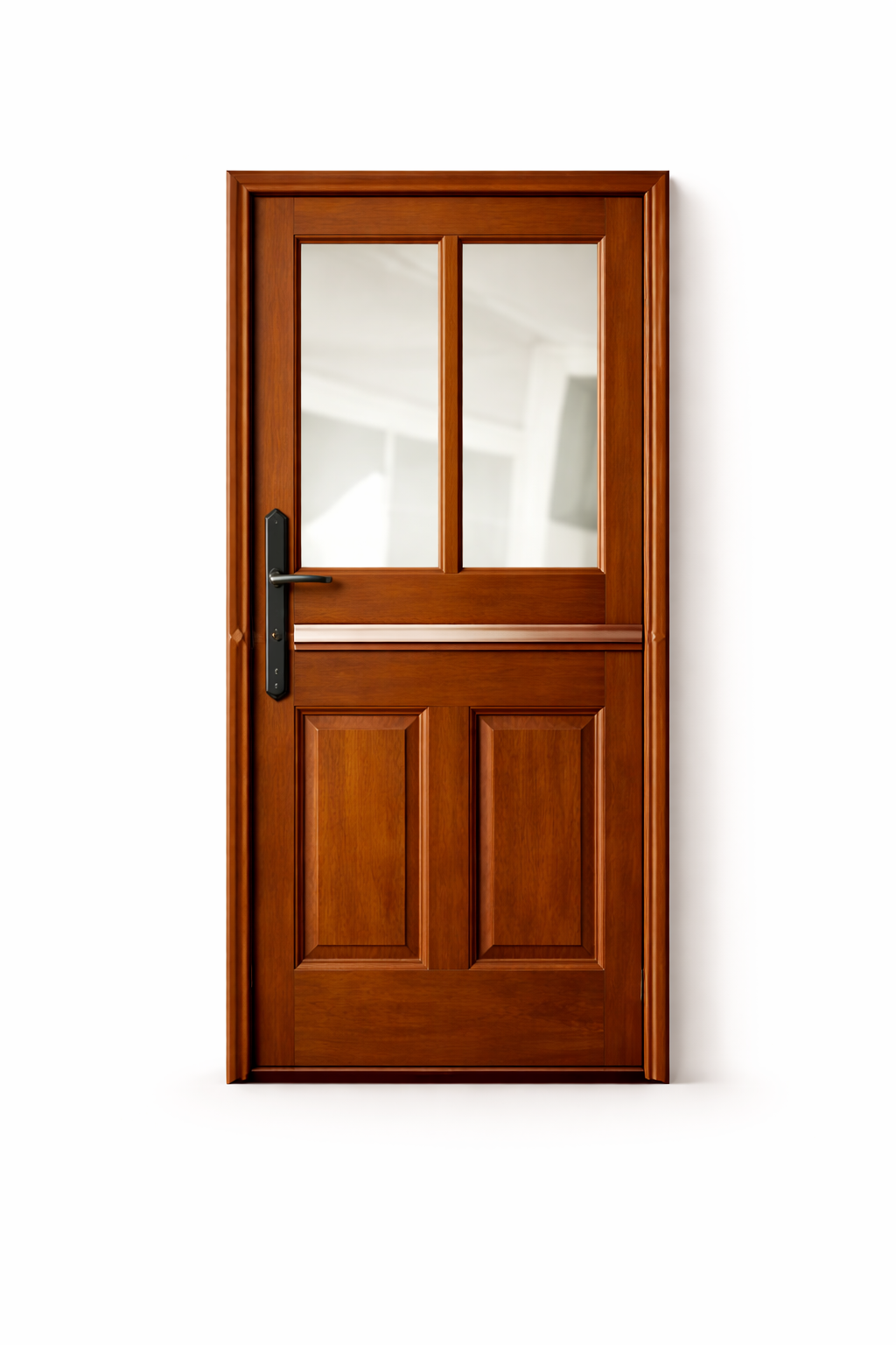 Wooden front door with glass panes and dark handle, isolated on a white background