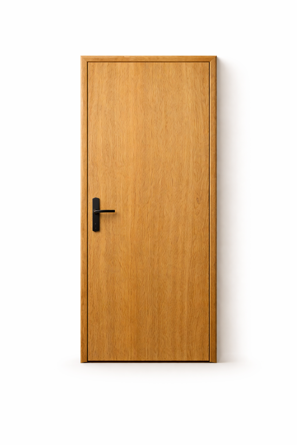 Closed wooden door with black handle on a white background