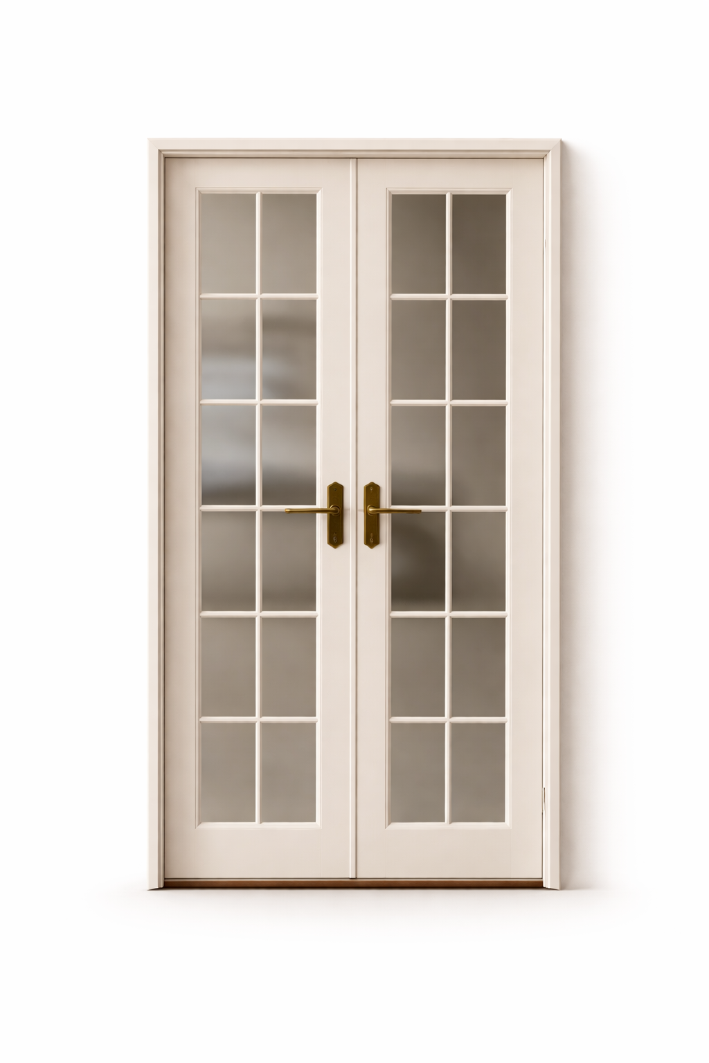 White French doors with glass panes and brass handles on a plain wall