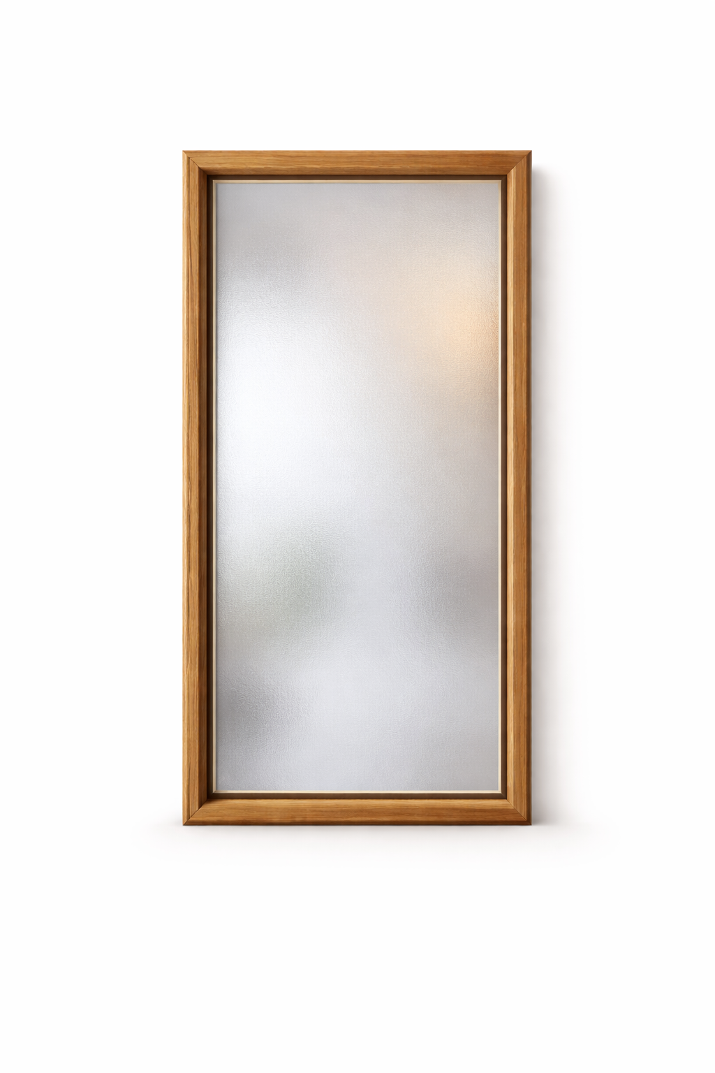 Wooden-framed frosted glass window on a white wall