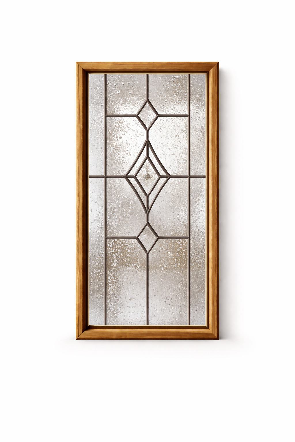 Wood-framed frosted glass window with decorative diamond leaded design