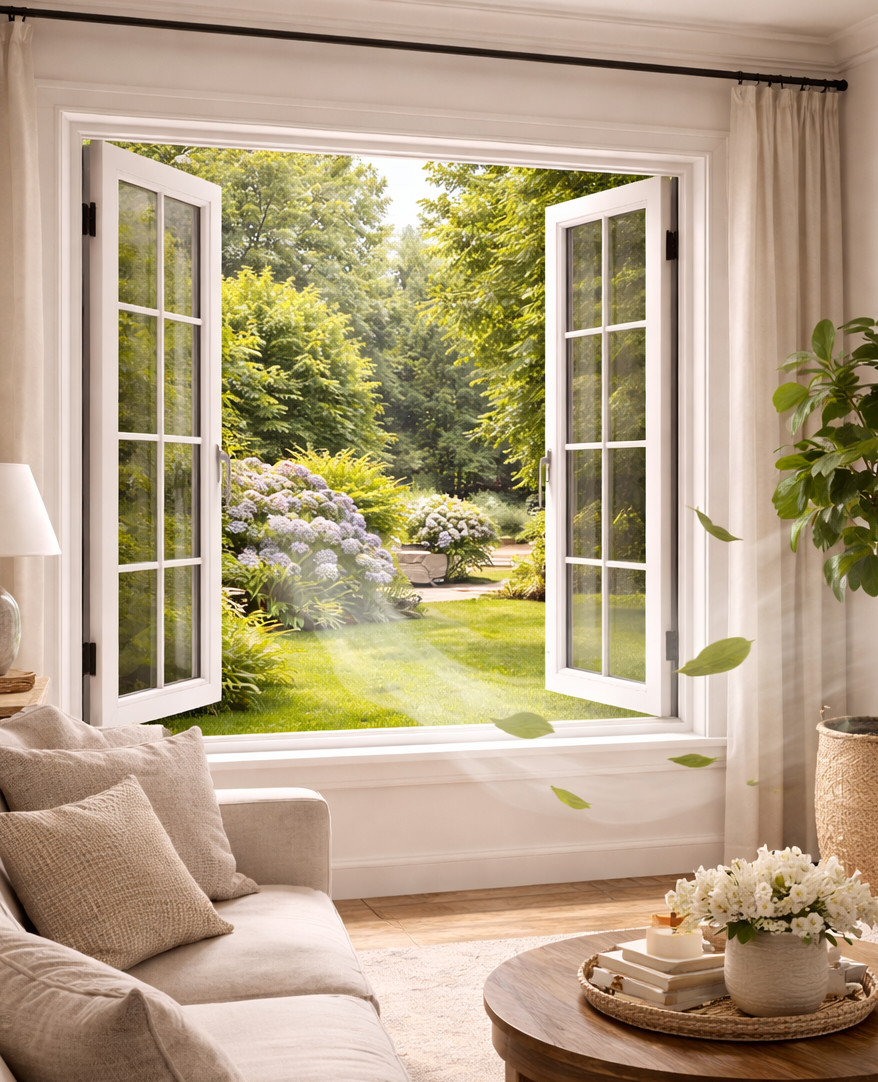 Bright living room with open French doors overlooking a lush green garden