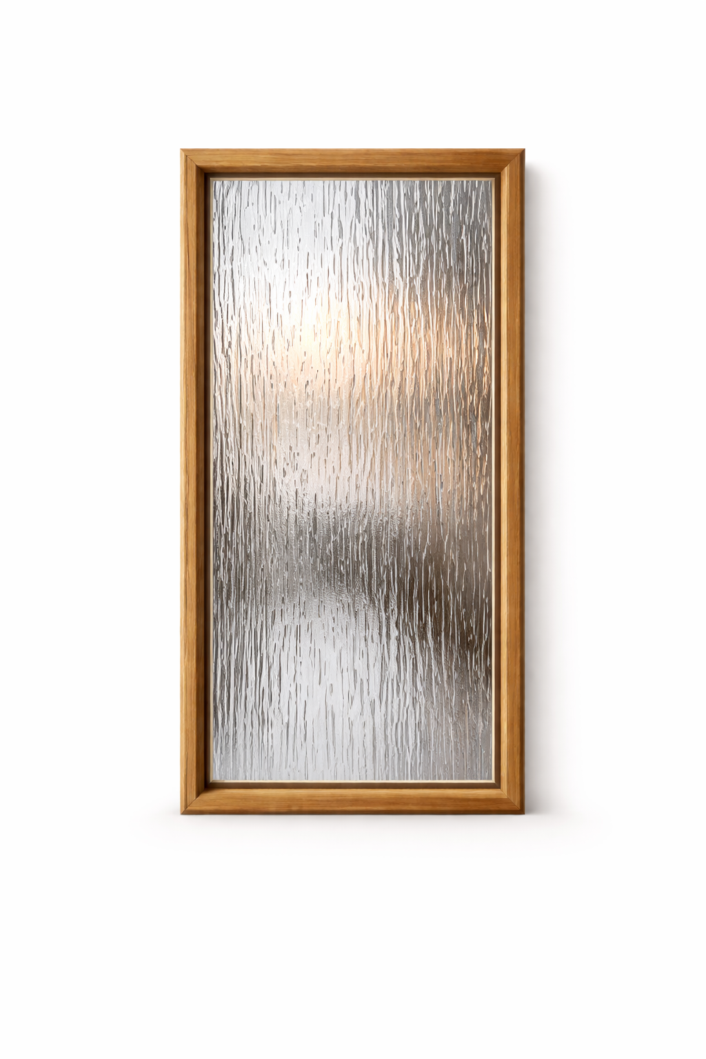 Wood-framed frosted glass door with vertical textured pattern