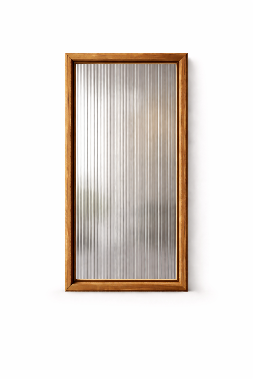 Wood-framed frosted glass panel with vertical textured lines on a white background