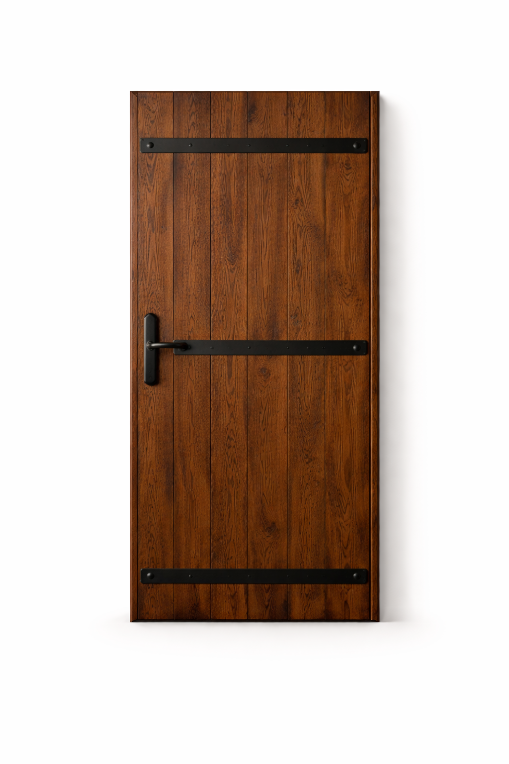 Wooden door with black metal straps and handle on a white background