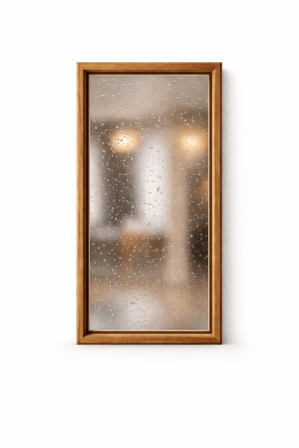Tall wooden-framed frosted glass mirror with blurred room reflections and warm lights