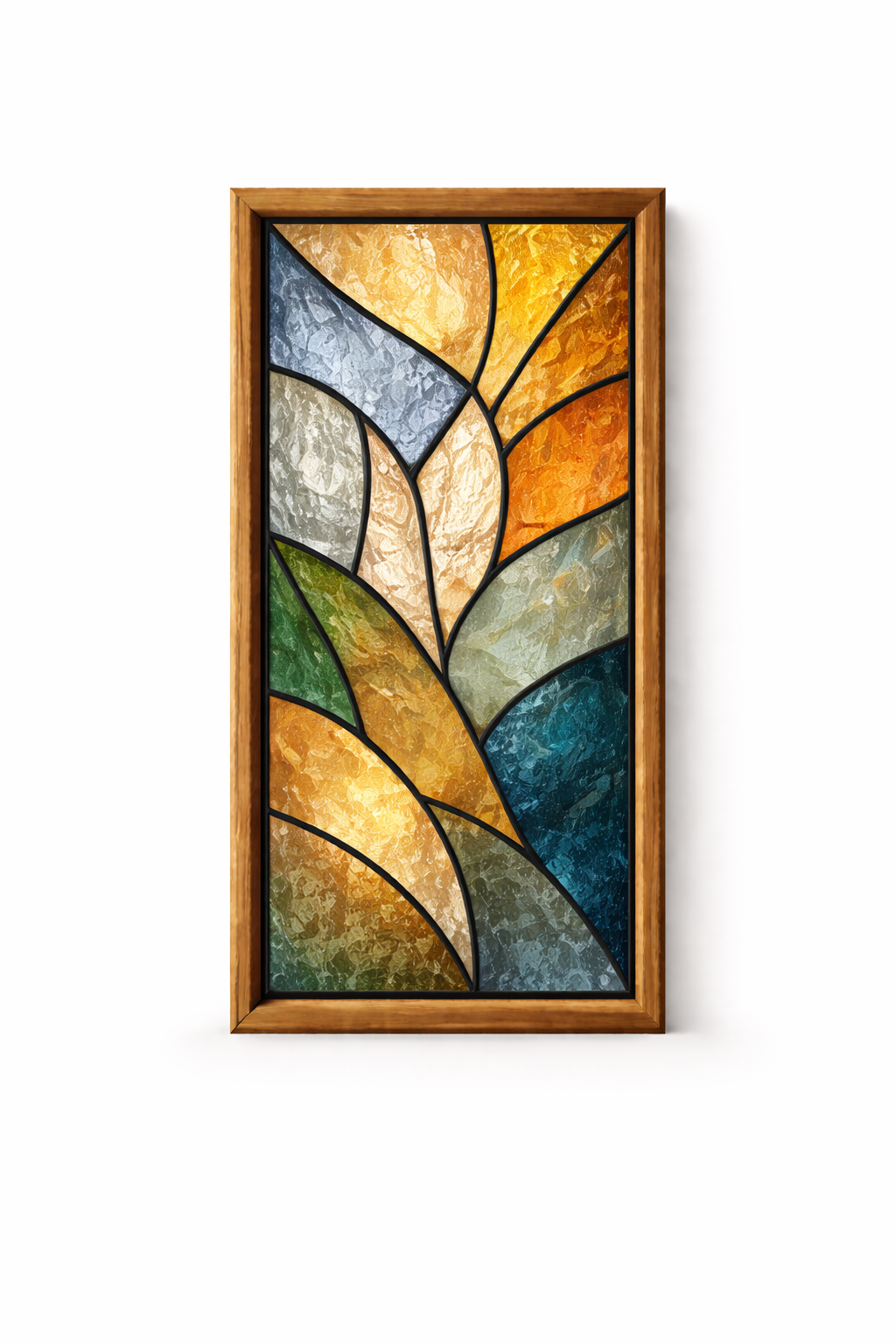 Abstract stained-glass panel in warm gold, blue, green, and orange tones in a wooden frame