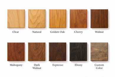 Wood stain color samples labeled Clear, Natural, Golden Oak, Cherry, Walnut, Mahogany, Dark Walnut, Espresso, Ebony, Custom Color