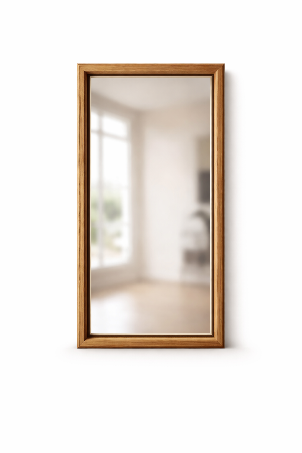 Rectangular wooden-framed mirror reflecting a bright, blurred room interior