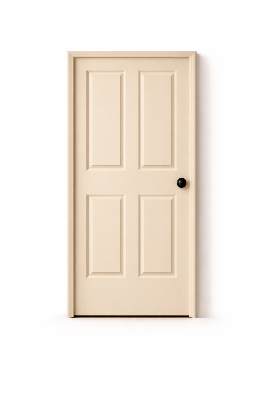 Closed beige paneled door with a black knob on a white background