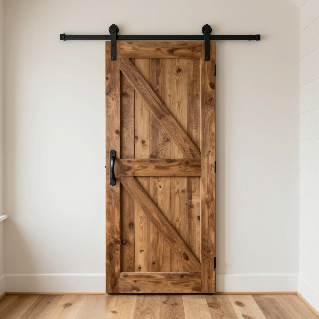 Rustic wooden sliding barn door with black hardware on a white wall