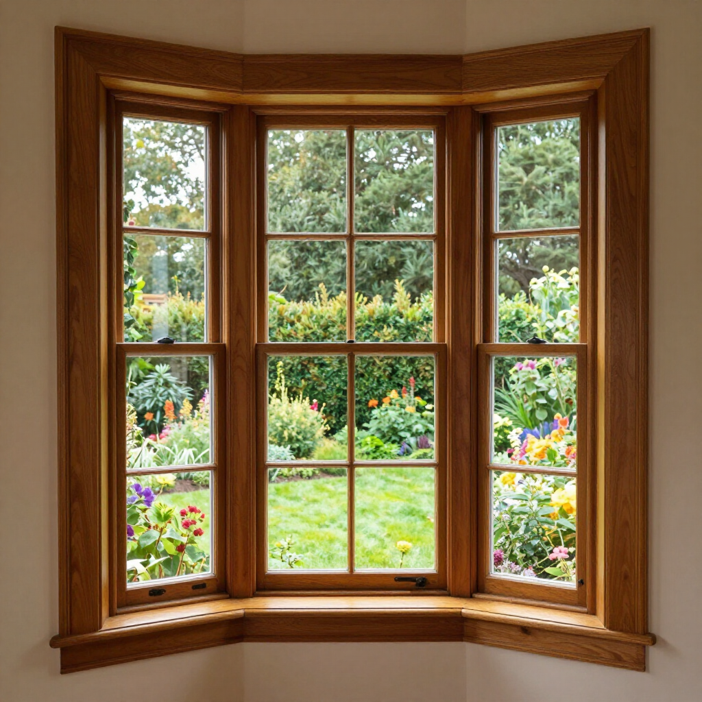 Wooden bay window overlooking a colorful garden with flowers and greenery