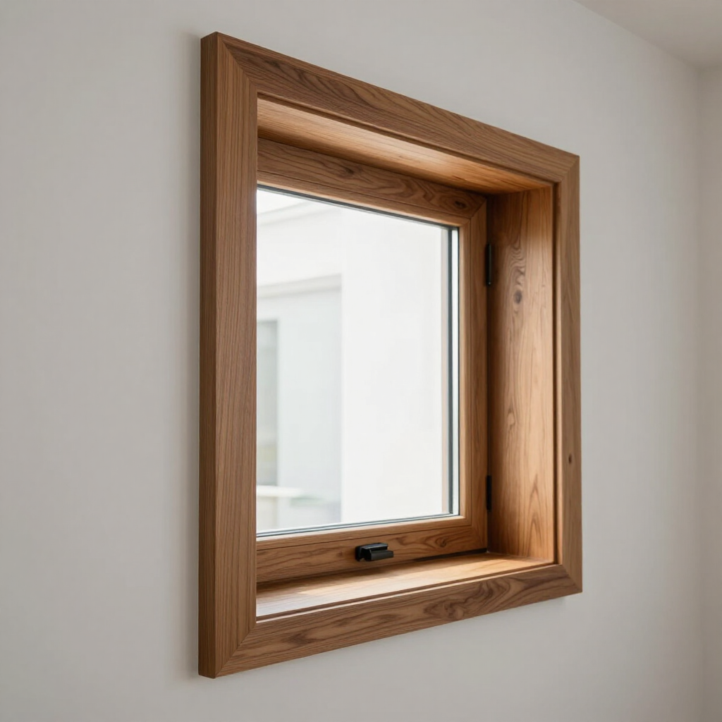 Wood-framed square window set into a light wall, showing a bright interior reflection.