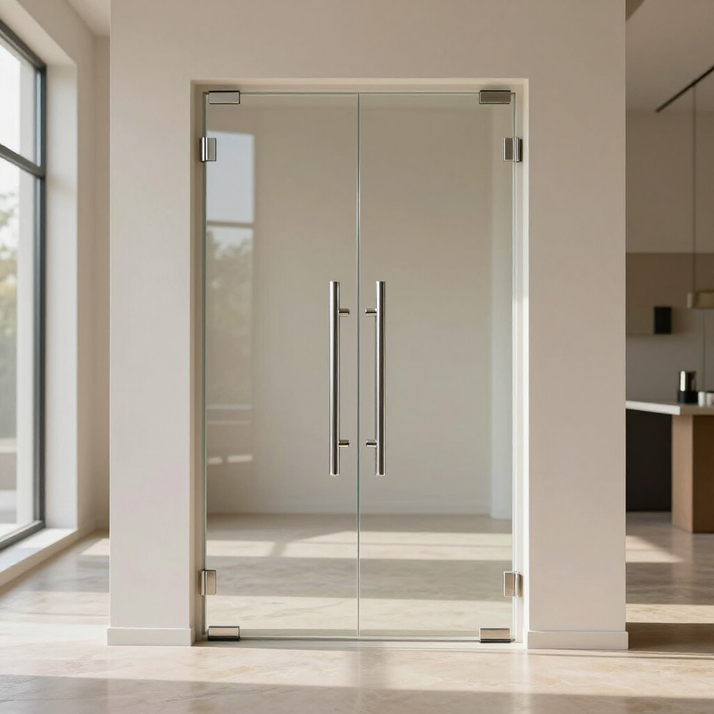 Glass double doors in a bright modern interior with metal handles and floor-to-ceiling windows
