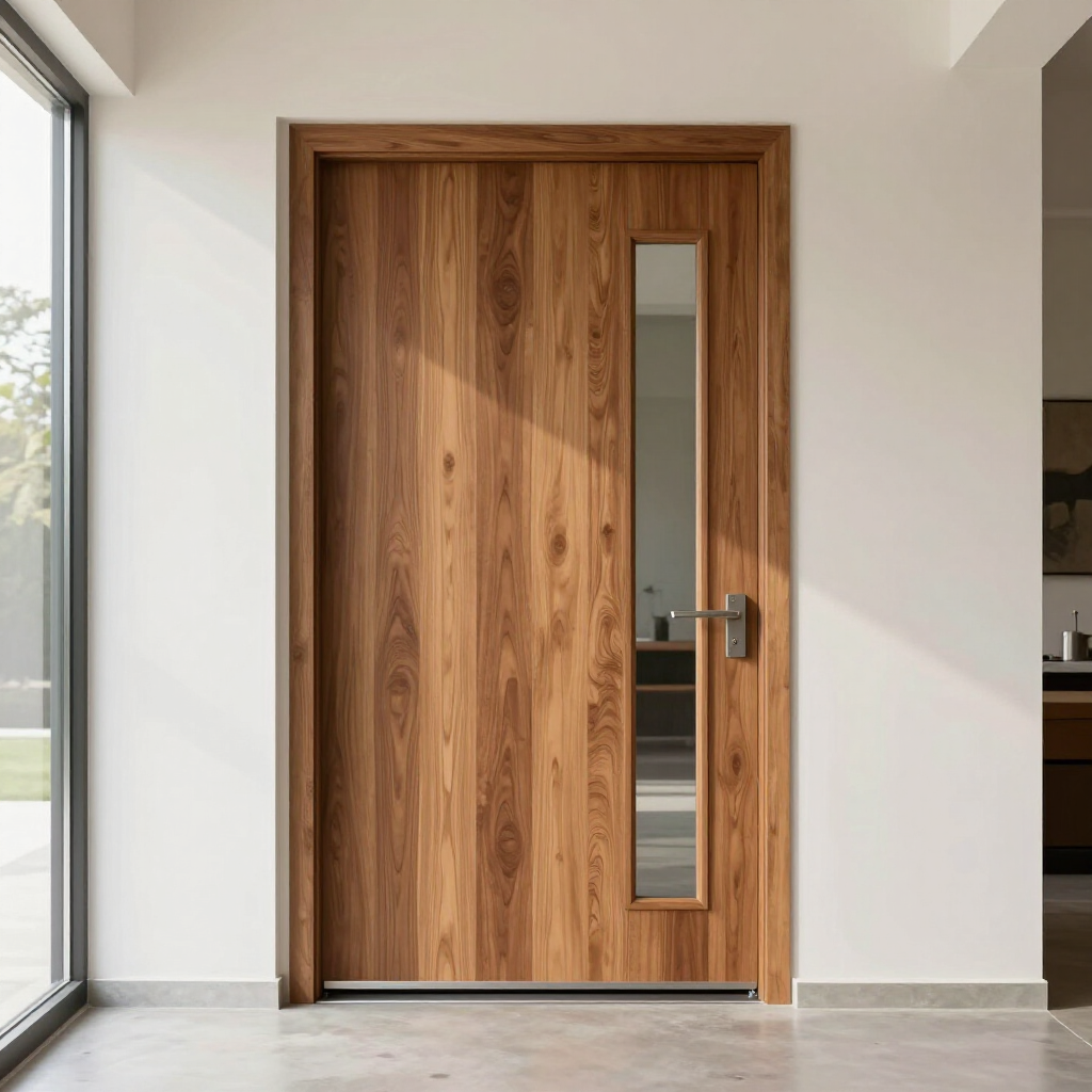 Wooden front door with vertical glass panel in a bright modern entryway
