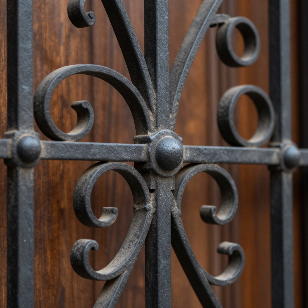 Ornate black wrought-iron gate with scrollwork against a wooden background
