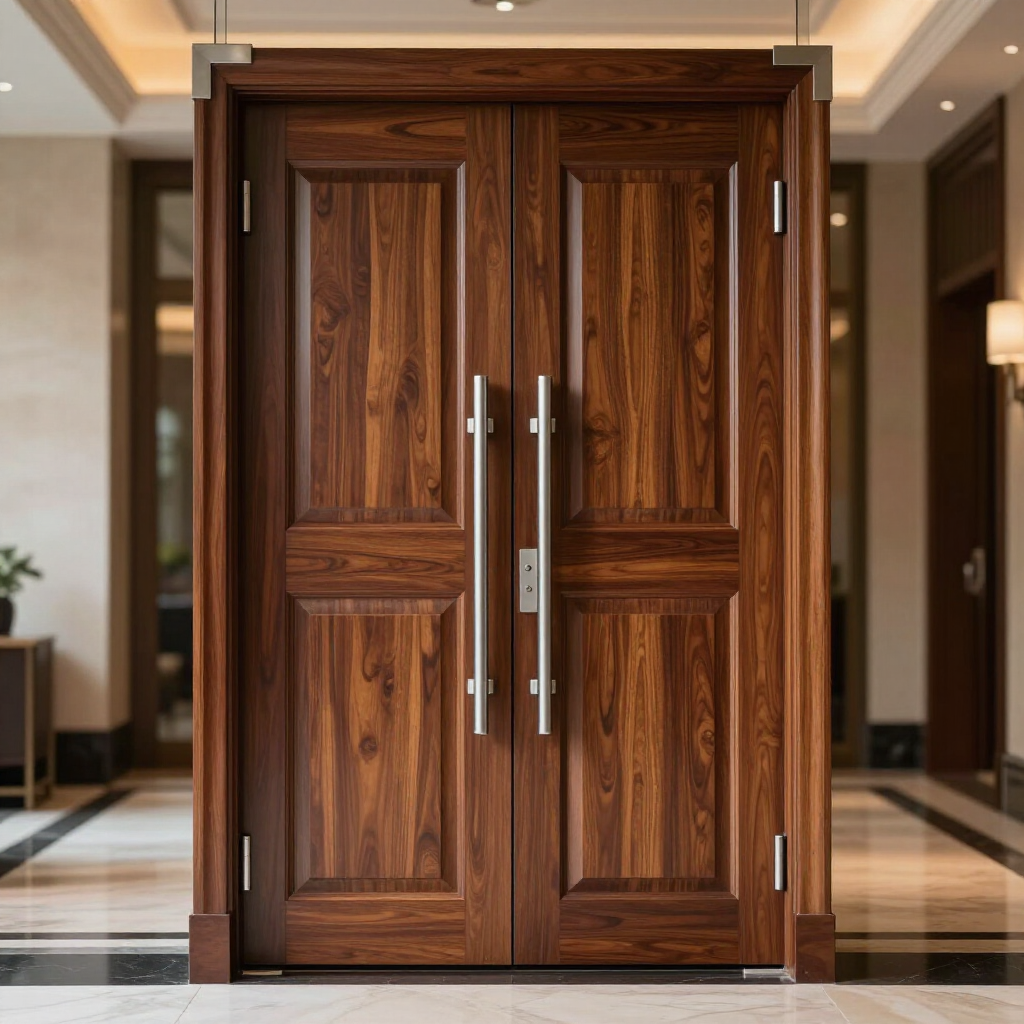 Double wooden front doors with vertical metal handles in a polished lobby entrance