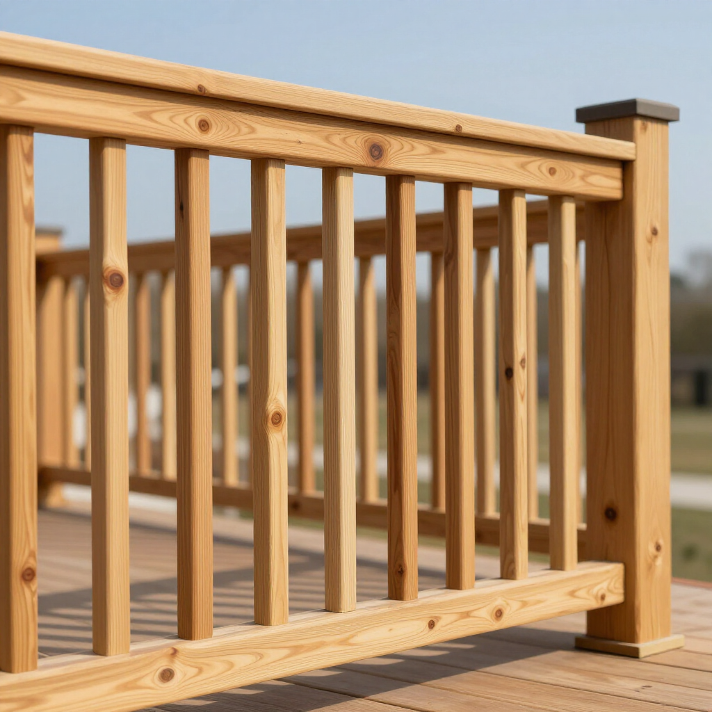 Wooden porch railing with vertical balusters and tan posts in an outdoor setting