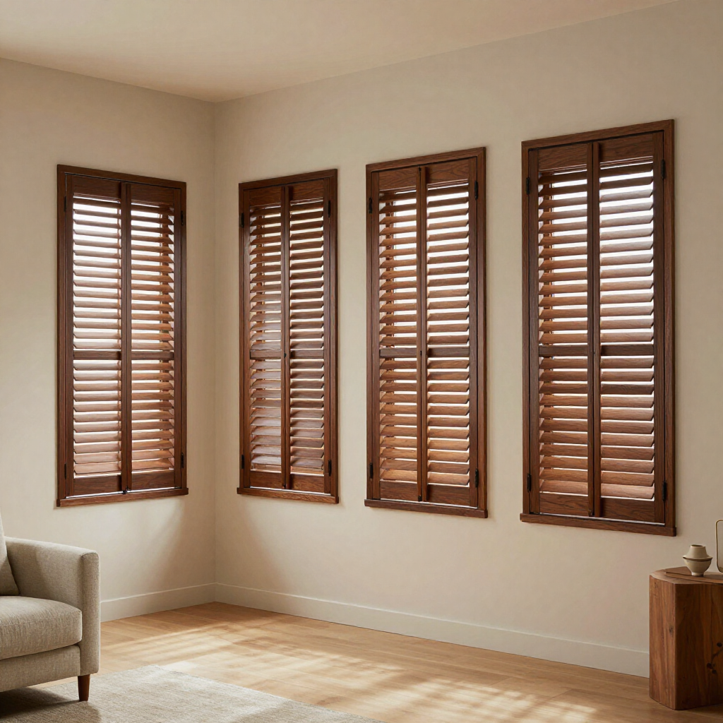 Empty beige room with four tall windows fitted with brown wooden blinds and a light wood floor