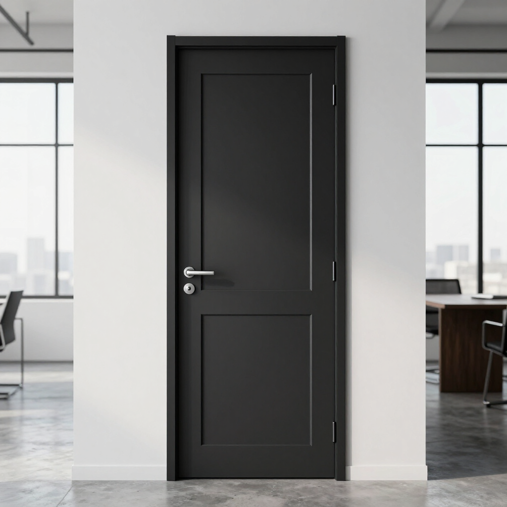 Black office door centered in a modern glass-walled office