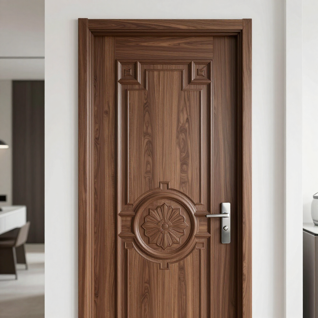 Ornate wooden door with carved circular medallion and silver handle in a modern interior