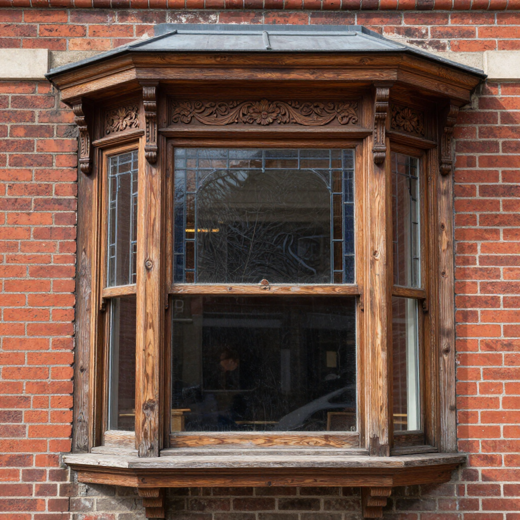 Ornate wooden bay window on a red brick building with cracked glass panes