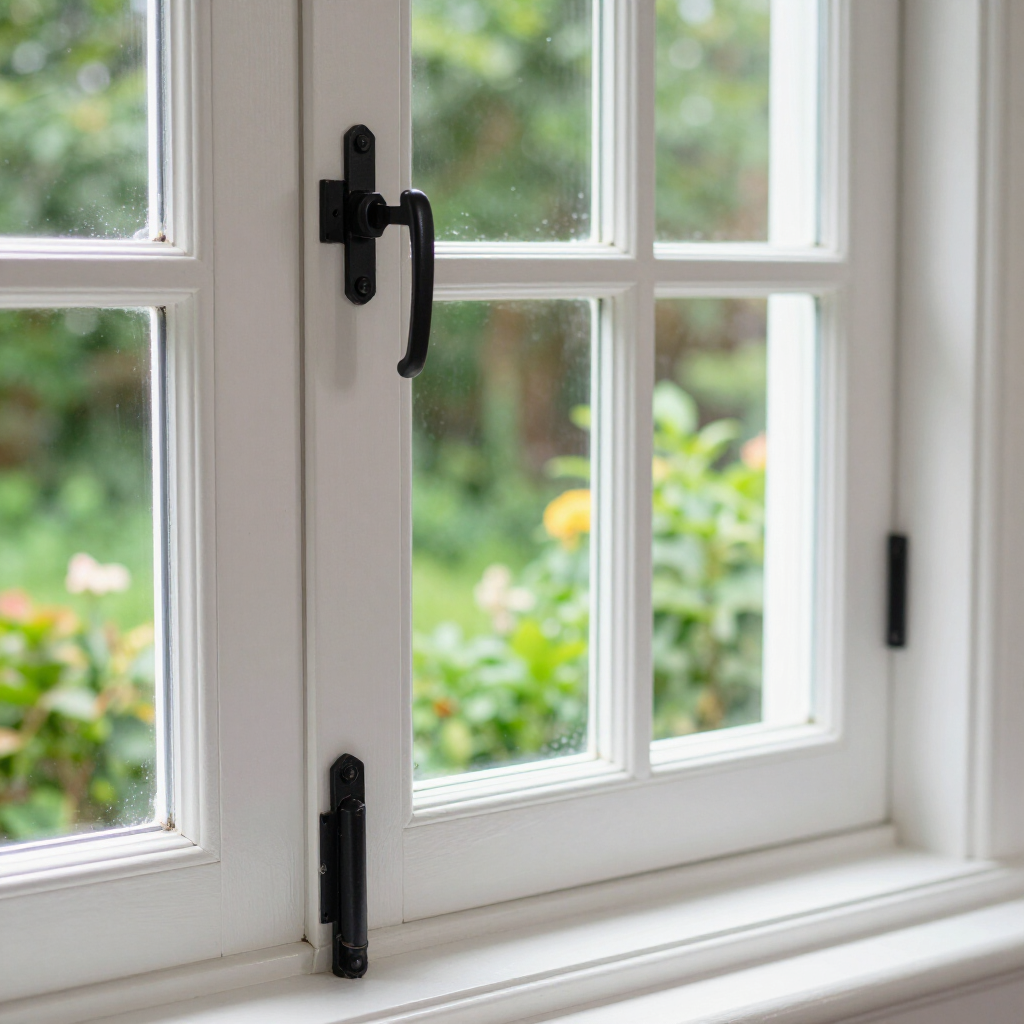 White French window with black handle and latch, overlooking a blurred green garden.